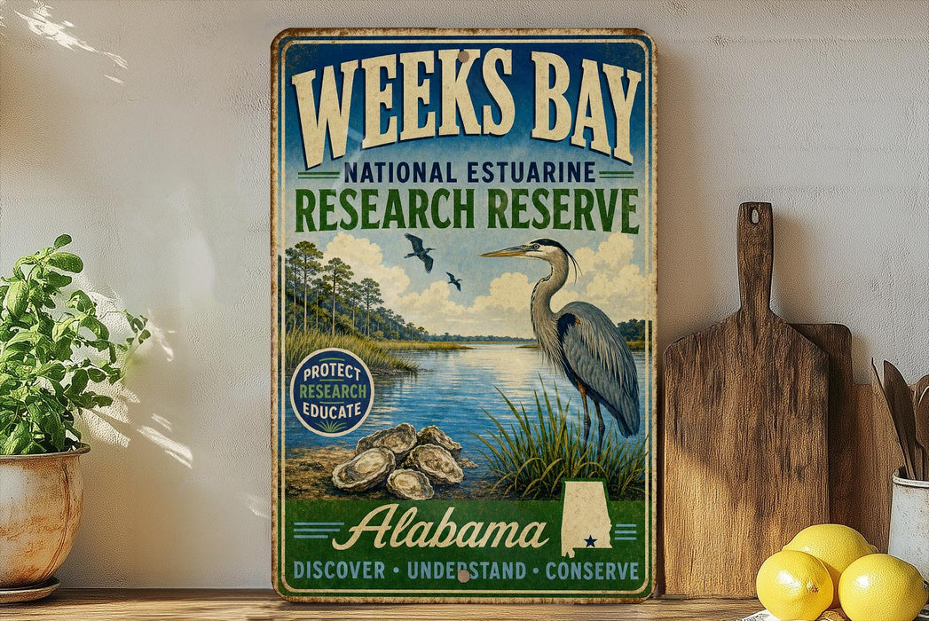 A vintage-style sign for Weeks Bay National Estuarine Research Reserve in Alabama, featuring a blue background with a bird illustration and text promoting the reserve.