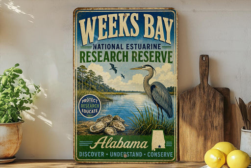 A vintage-style sign for Weeks Bay National Estuarine Research Reserve in Alabama, featuring a blue background with a bird illustration and text promoting the reserve.