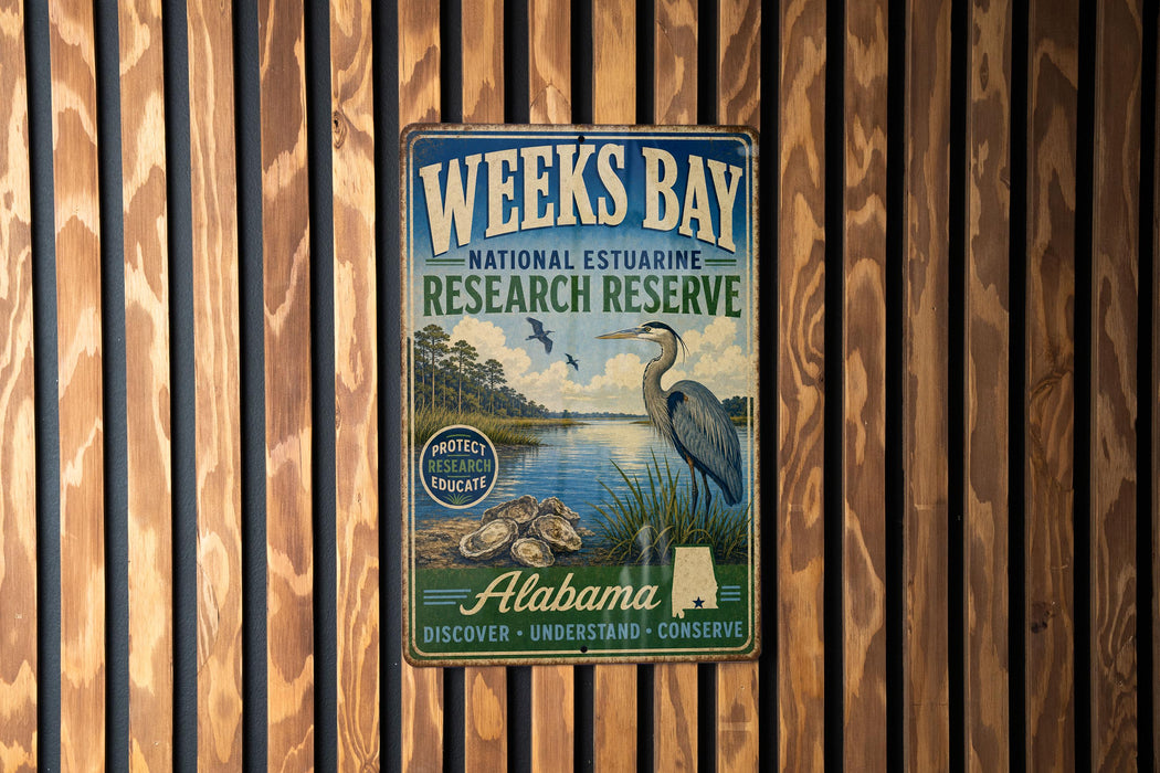 A vintage metal sign for Weeks Bay National Estuarine Research Reserve in Alabama, featuring a blue heron and a sign that says "Protect our waters".
