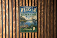A vintage metal sign for Weeks Bay National Estuarine Research Reserve in Alabama, featuring a blue heron and a sign that says "Protect our waters".