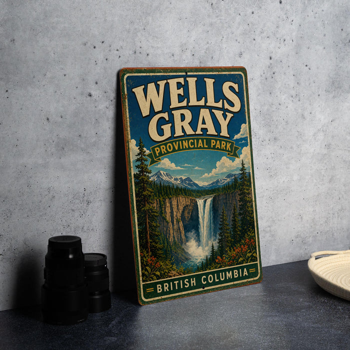 A vintage-style metal sign for Wells Gray Provincial Park in British Columbia, featuring a scenic image of a waterfall surrounded by pine trees.