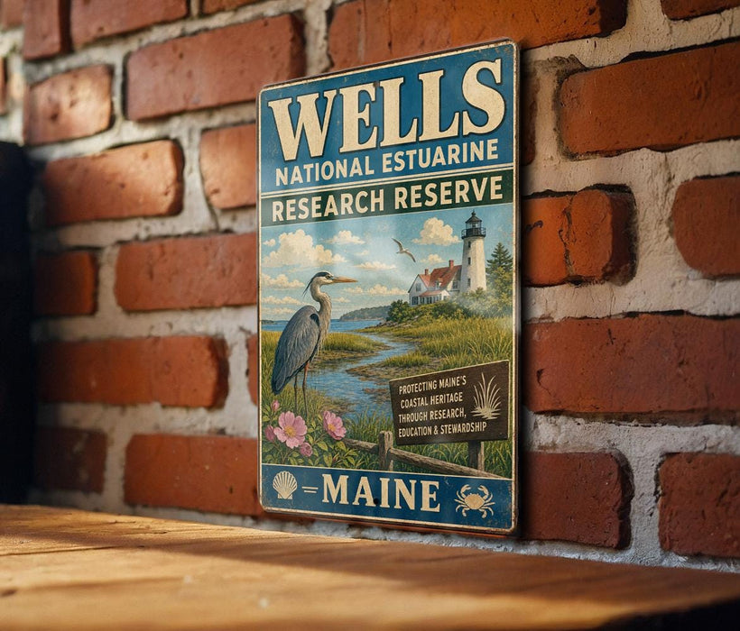 A vintage metal sign for the Wells National Estuarine Research Reserve in Maine, featuring a seagull and a lighthouse in a coastal landscape.
