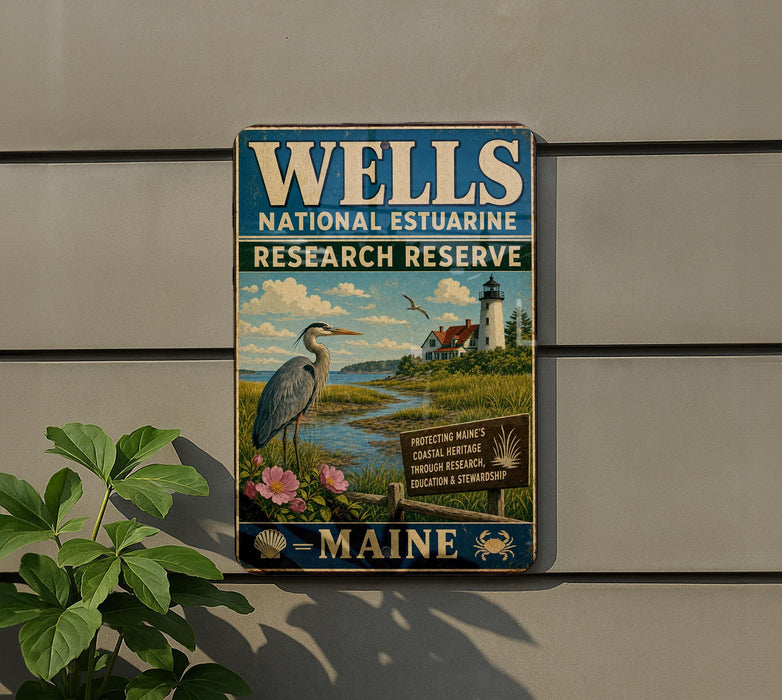 A vintage metal sign for the Wells National Estuarine Research Reserve in Maine, featuring a seagull, flowers, and a lighthouse.