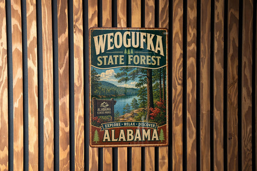 A vintage metal sign for Weoguffee State Forest in Alabama, featuring a scenic landscape with a lake and mountains.