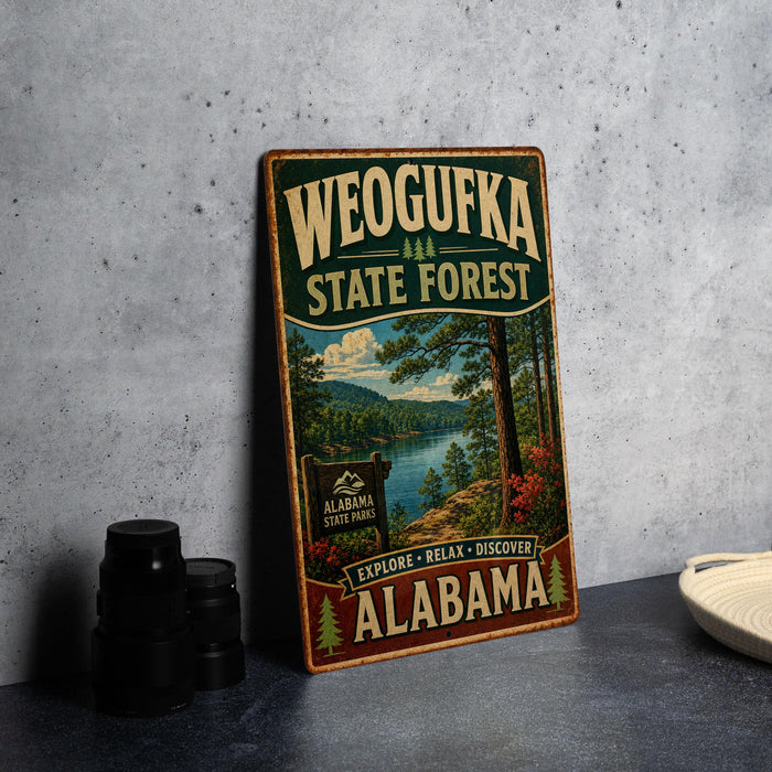 A vintage-style metal sign for Weoguffka State Forest in Alabama, featuring a scenic landscape with a lake and mountains.