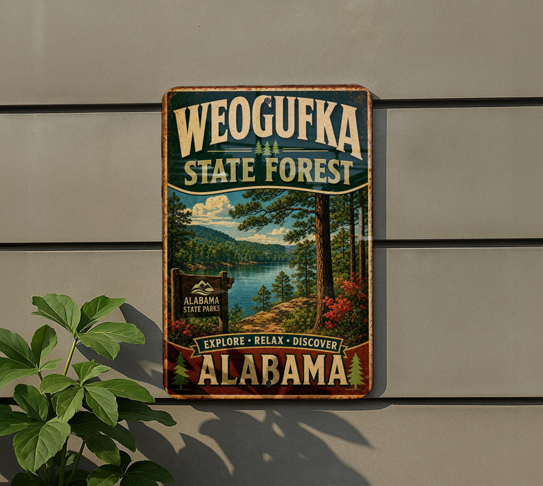 A vintage-style metal sign for Weoguffee State Forest in Alabama, featuring a scenic landscape with a lake and pine trees.
