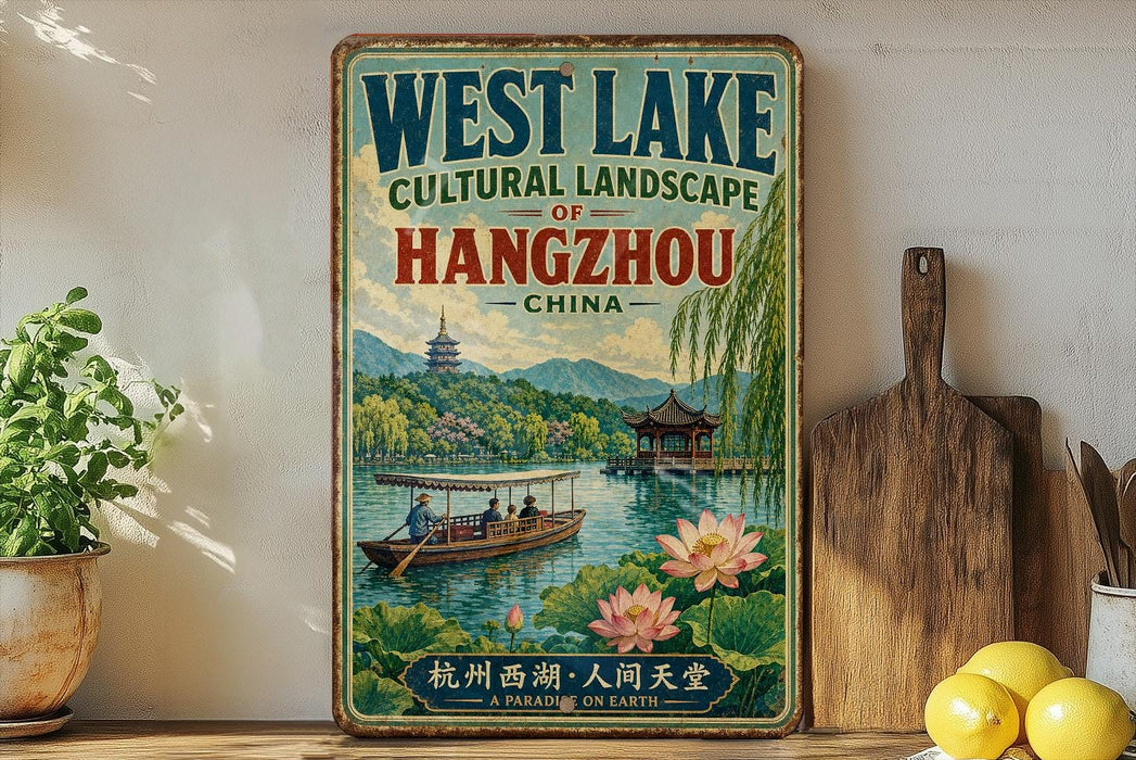 A vintage-style poster advertising West Lake, a cultural landscape in Hangzhou, China, featuring a scenic image of a traditional Chinese boat on the lake.