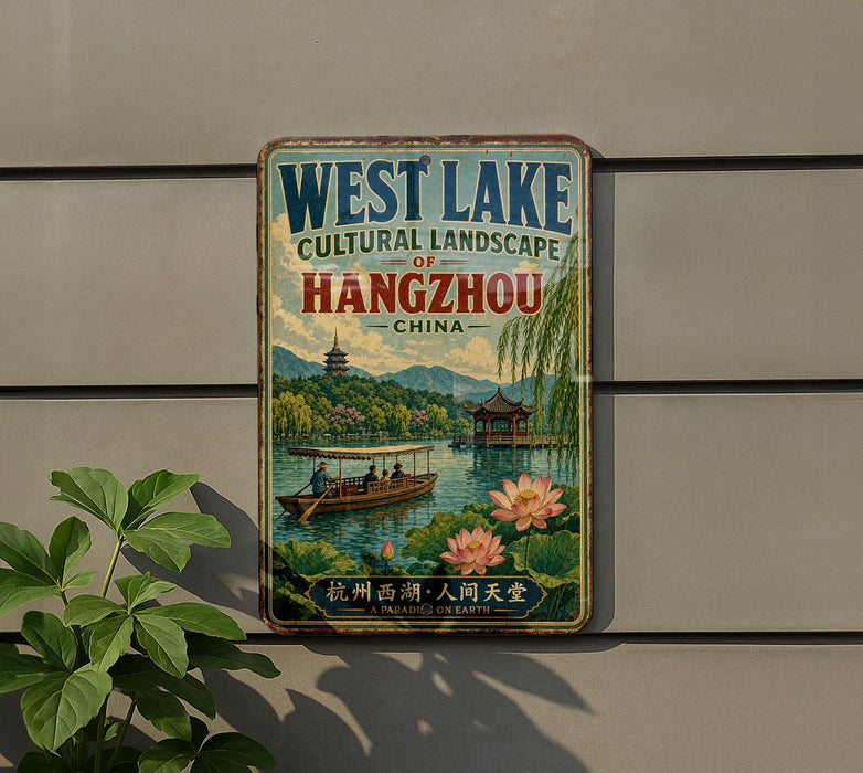 A vintage-style sign for West Lake, a cultural landscape in Hangzhou, China, featuring a scenic image of a traditional Chinese boat on the water.