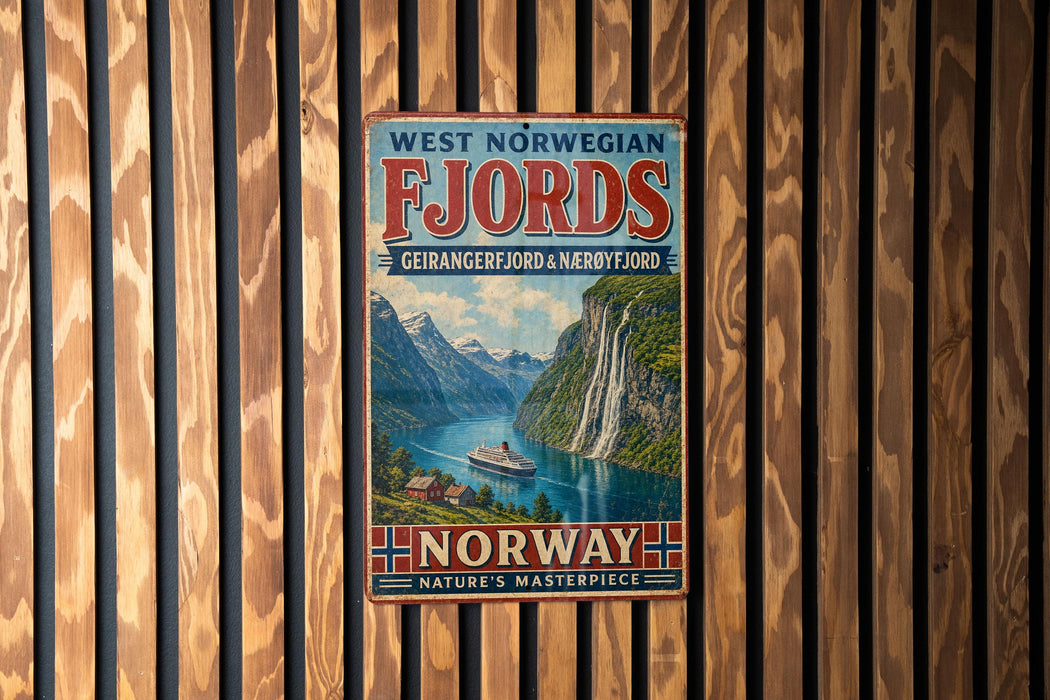 A vintage-style poster advertising West Norwegian Fjords, featuring a scenic image of a waterfall and mountains, is displayed on a wooden wall.