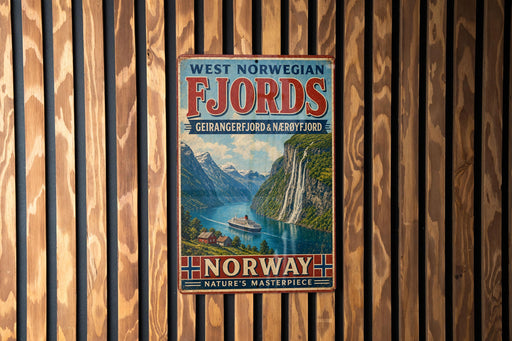 A vintage-style poster advertising West Norwegian Fjords, featuring a scenic image of a waterfall and mountains, is displayed on a wooden wall.