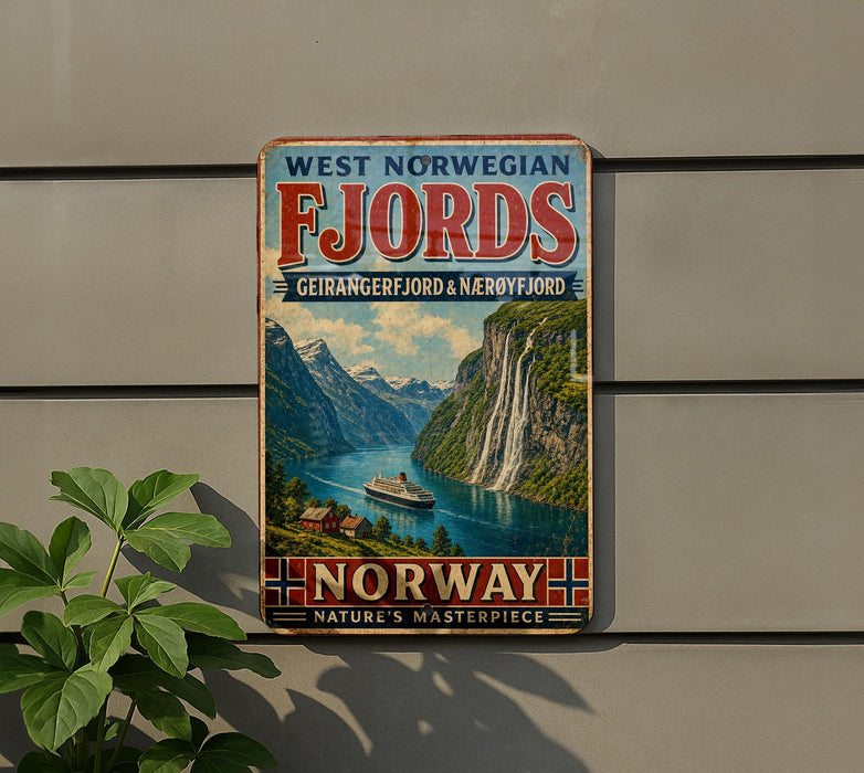 A vintage-style sign advertising West Norwegian Fjords, featuring a scenic image of a waterfall and mountains, with the text "NORWAY NATURE'S MASTERPIECE".