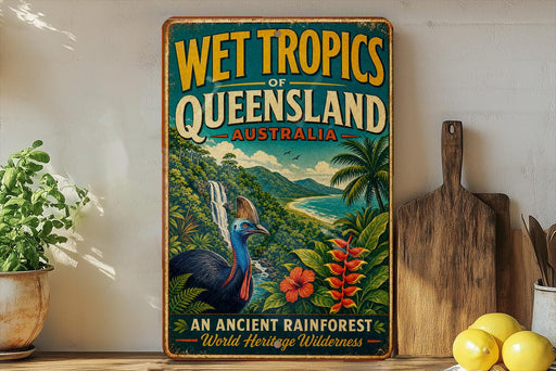 A vintage-style sign advertising the Wet Tropics of Queensland, Australia, featuring a colorful illustration of a bird, palm trees, and a waterfall.