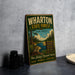 A vintage-style metal sign for Wharton State Forest in New Jersey, featuring a scenic illustration of the forest and a turtle.
