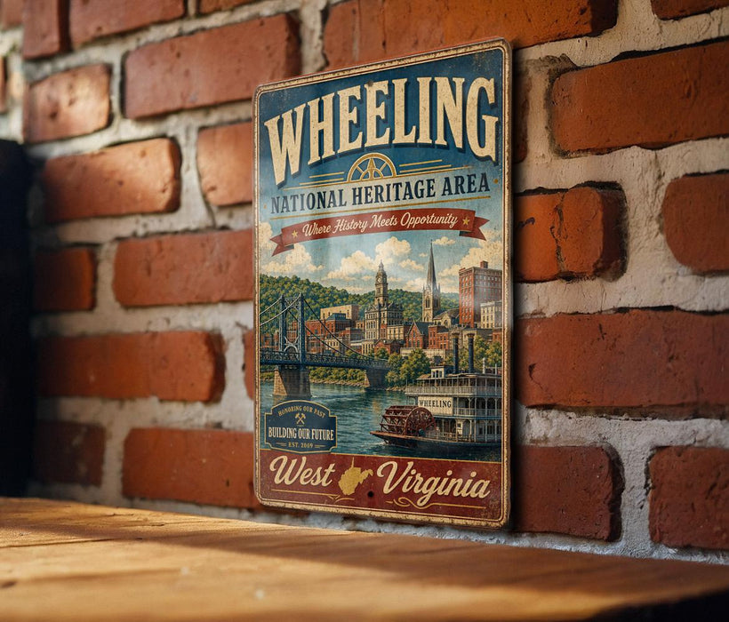 A vintage-style metal sign for the Wheeleling National Heritage Area in West Virginia, featuring a cityscape and a river.