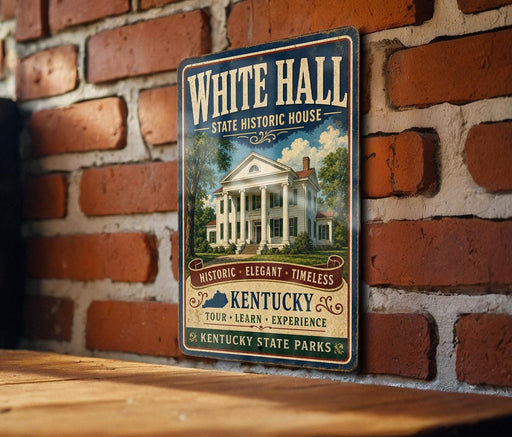 A vintage-style metal sign for the White Hall State Historic House in Kentucky, featuring a large illustration of the historic building and text promoting the historic and elegant nature of the location.