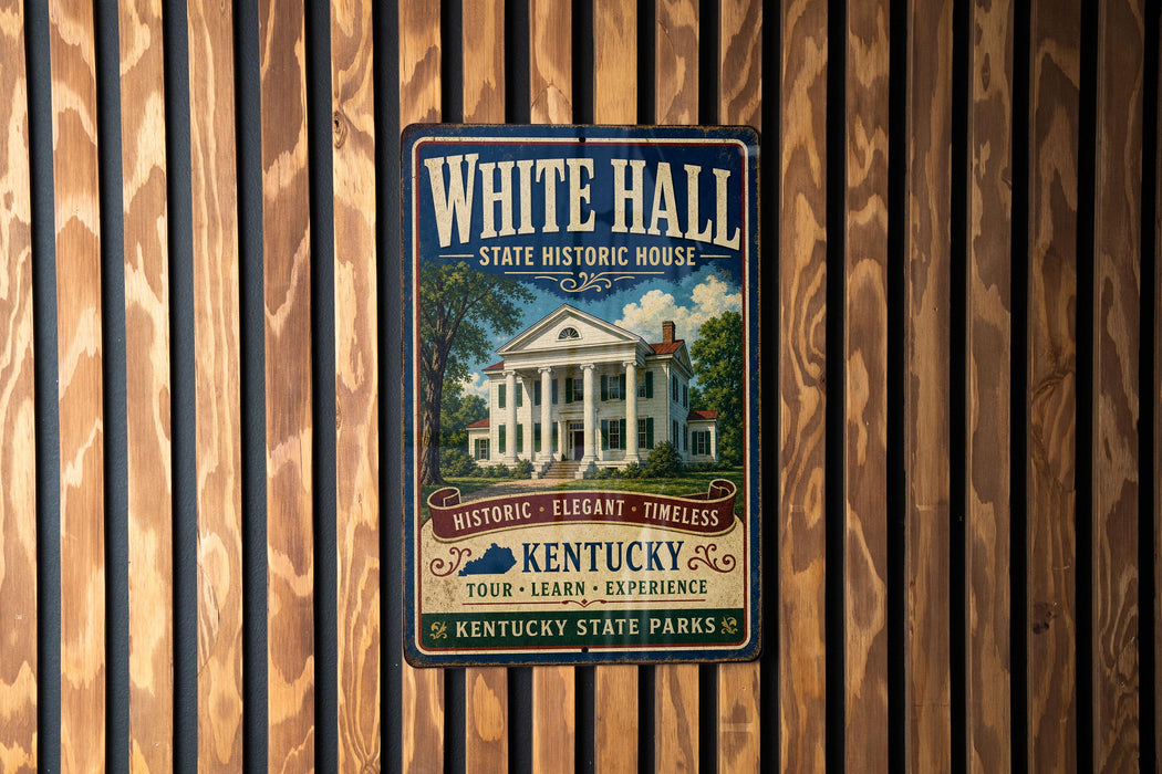 A vintage-style metal sign for the White Hall State Historic House in Kentucky, featuring an illustration of the historic building and text promoting the state park.