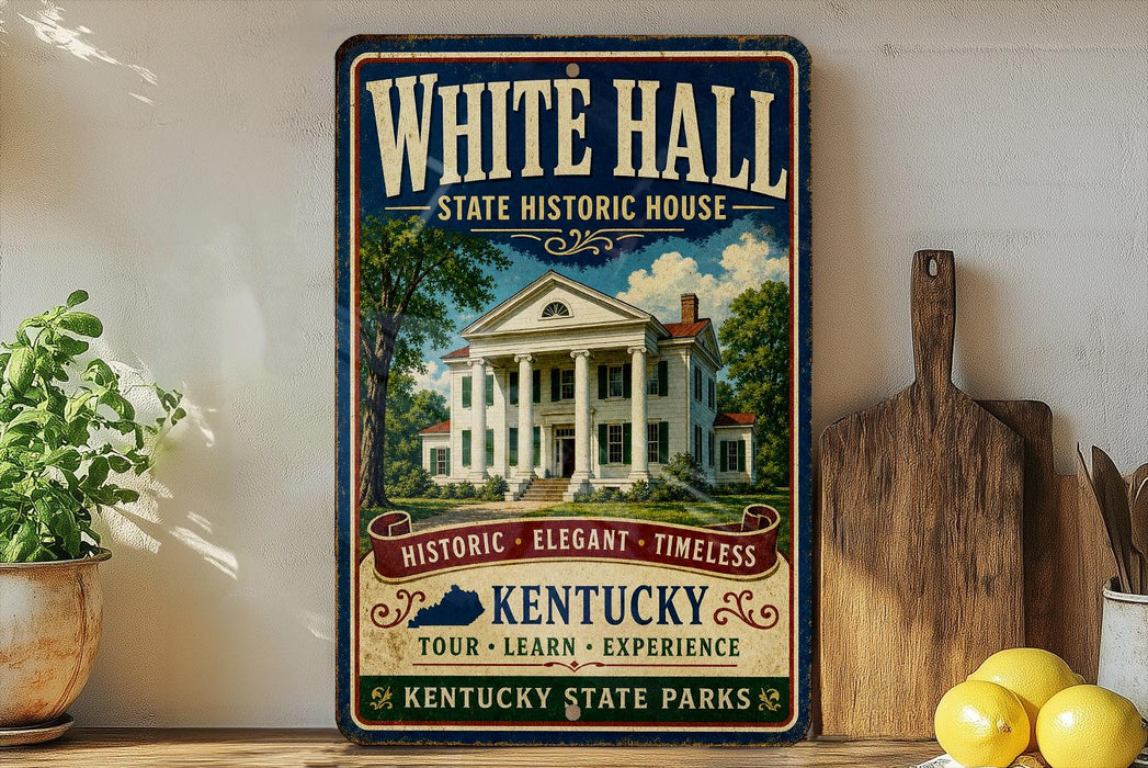 A vintage-style sign for the White Hall State Historic House in Kentucky, featuring an illustration of the historic building surrounded by trees and a banner that reads "Historic, Elegant, Timeless".