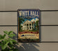 A vintage-style sign for the White Hall State Historic House in Kentucky, featuring an illustration of the historic building and text promoting the state park.
