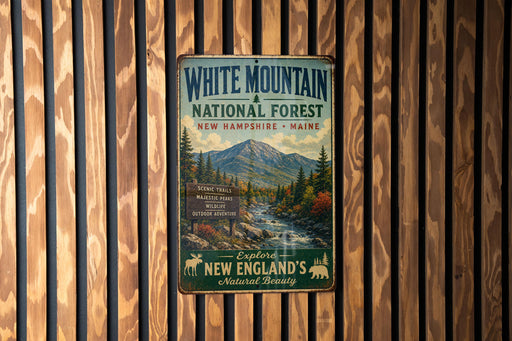 A vintage metal sign for White Mountain National Forest in New Hampshire, Maine, featuring a scenic mountain landscape and inviting visitors to explore the area.
