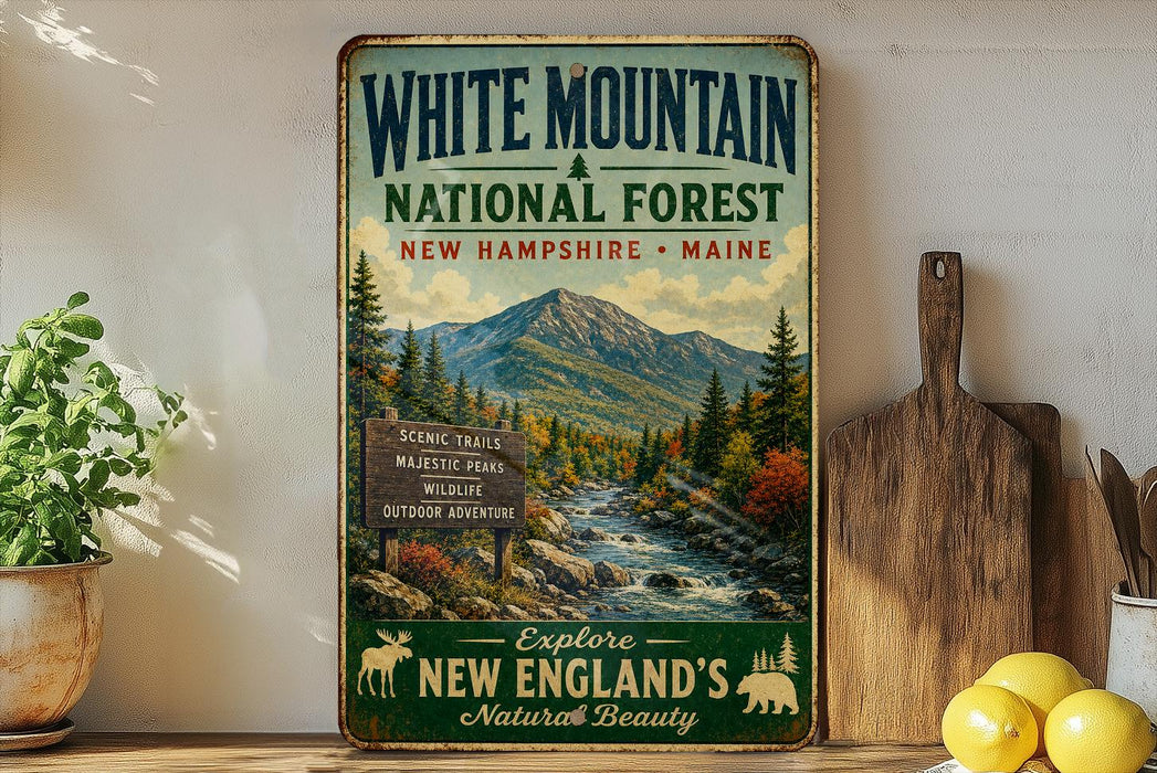A vintage-style sign for White Mountain National Forest in New Hampshire, Maine, featuring a scenic mountain landscape with a river and pine trees.