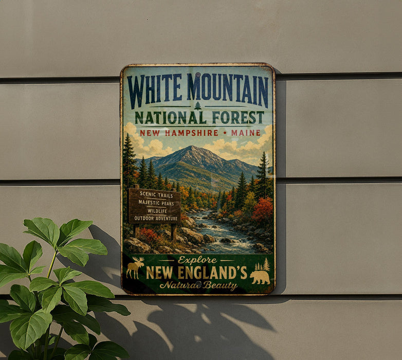 A vintage-style metal sign advertising the White Mountain National Forest in New Hampshire, Maine, with a scenic mountain landscape and trail information.