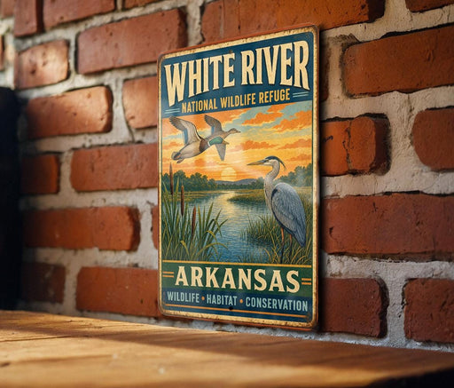 A vintage metal sign for the White River National Wildlife Refuge in Arkansas, featuring an illustration of a bird and a sunset over a body of water.