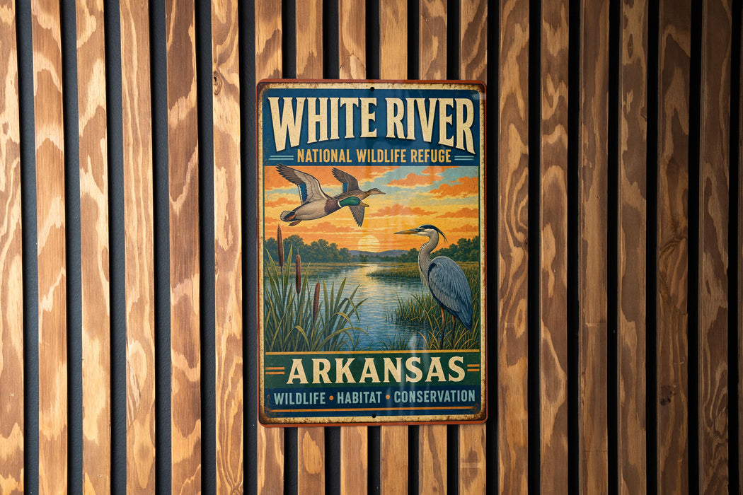 A vintage metal sign for the White River National Wildlife Refuge in Arkansas, featuring an illustration of ducks and a sunset over a river.