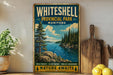 A vintage-style poster advertising Whithell Provincial Park, Manitoba, featuring a scenic landscape with a lake, pine trees, and mountains.