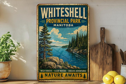 A vintage-style poster advertising Whithell Provincial Park, Manitoba, featuring a scenic landscape with a lake, pine trees, and mountains.
