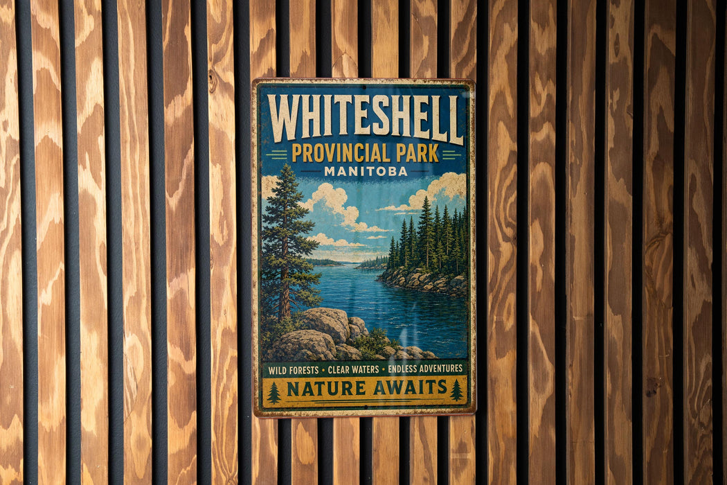 A vintage metal sign for Whitheshell Provincial Park, featuring a scenic image of a forest and a lake.