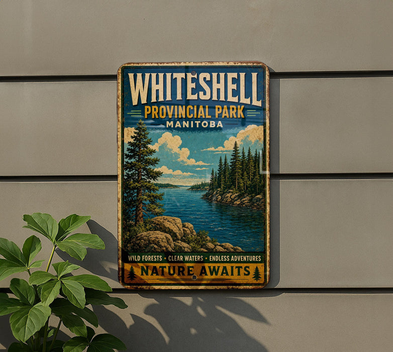 A vintage-style metal sign for White Shell Provincial Park, featuring a scenic landscape with pine trees, a lake, and mountains.