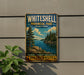 A vintage-style metal sign for White Shell Provincial Park, featuring a scenic landscape with pine trees, a lake, and mountains.