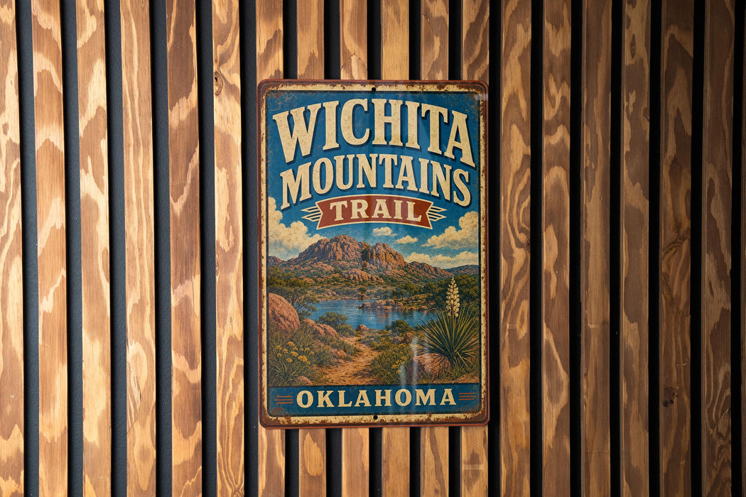 A vintage metal sign with the text "WICHITA MOUNTAINS TRAIL" and "OKLAHOMA" is displayed on a wooden wall.