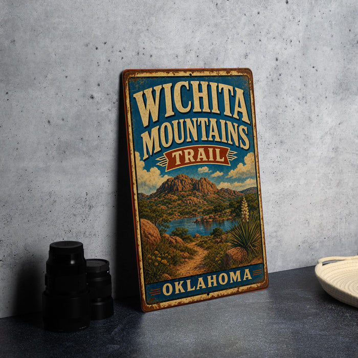 A vintage-style metal sign for the "Wichita Mountains Trail" in Oklahoma, featuring a scenic landscape with mountains, a river, and desert vegetation.