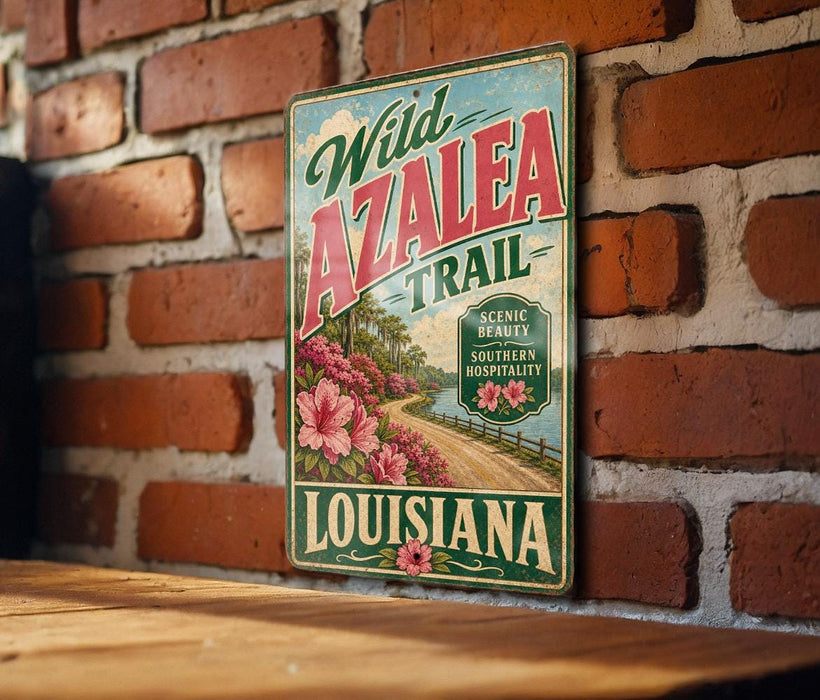 A vintage-style metal sign for the Wild Azalea Trail in Louisiana, featuring a scenic landscape with a road and flowers.