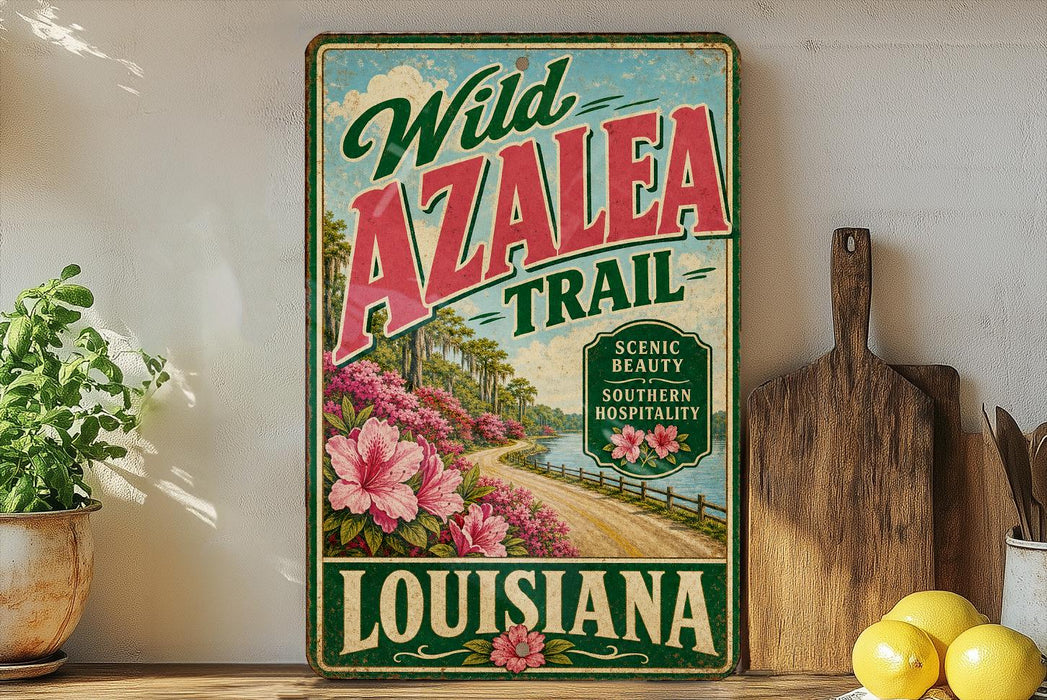 A vintage-style metal sign advertising the Wild Azalea Trail in Louisiana, featuring a scenic landscape with a road, flowers, and a river.