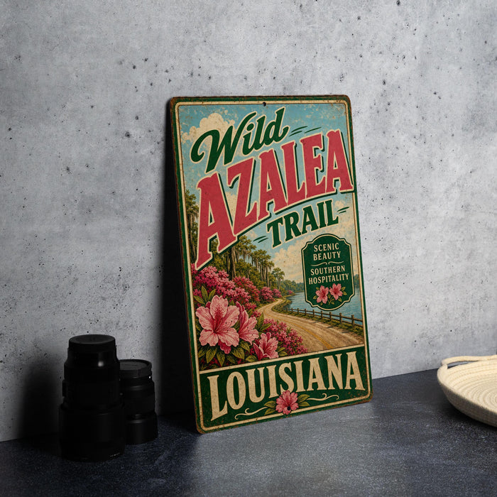 A vintage-style sign for the Wild Azalea Trail in Louisiana, featuring a scenic landscape with a road and flowers.