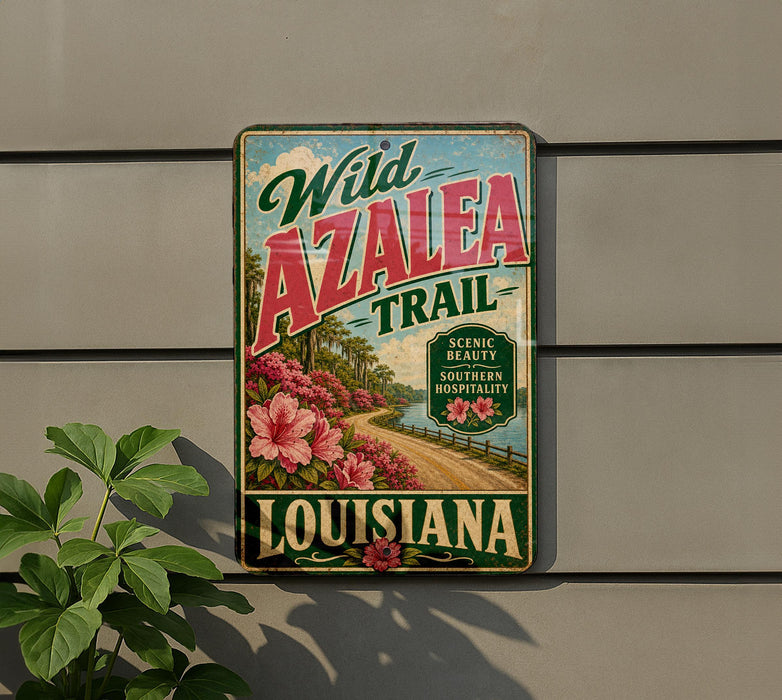 A vintage-style metal sign advertising the Wild Azalea Trail in Louisiana, featuring a scenic landscape with a road and flowers.
