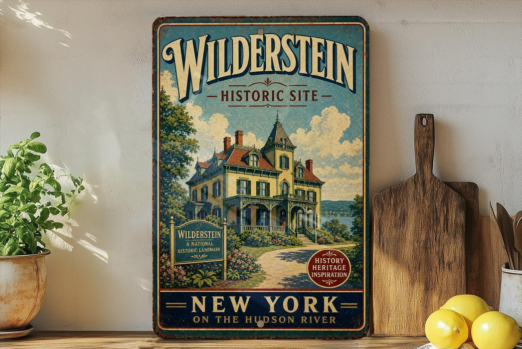 A vintage-style metal sign advertising Wildstein Historic Site in New York, featuring a large illustration of a house and a path leading to the building.