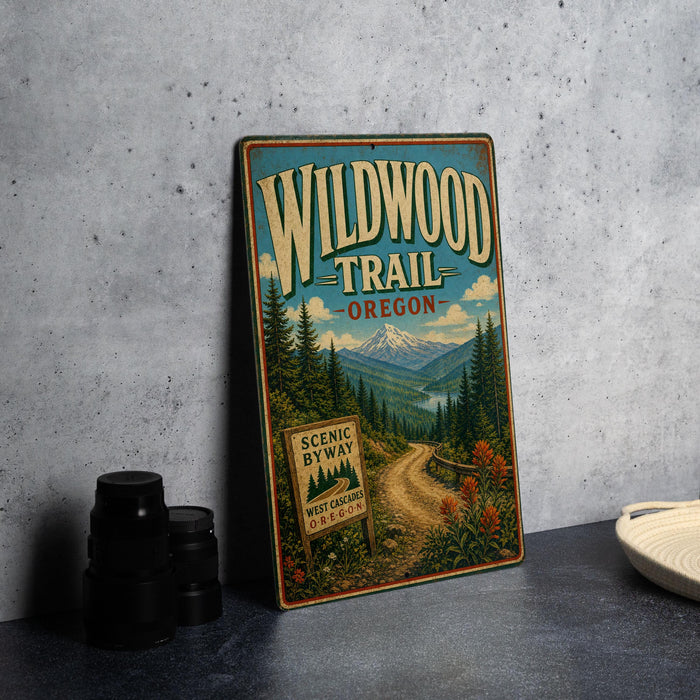A vintage-style metal sign for the Wildwood Trail in Oregon, featuring a scenic mountain landscape with pine trees, a winding dirt road, and a sign that says "Scenic by Way".