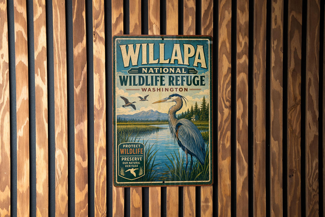 A vintage-style metal sign for the Willapa National Wildlife Refuge in Washington, featuring a large blue heron and a scenic landscape.