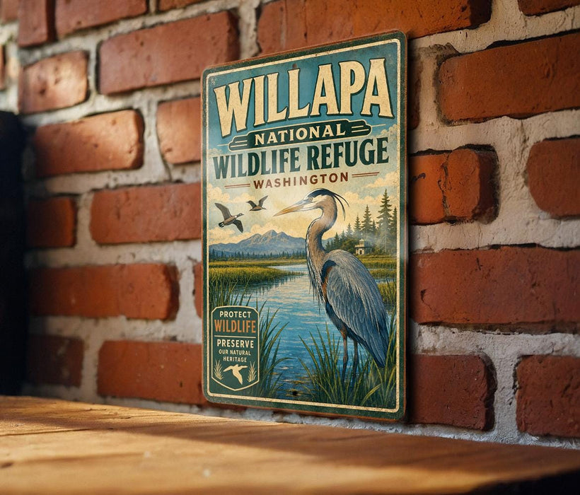 A vintage-style metal sign for the Willapa National Wildlife Refuge in Washington, featuring an illustration of a heron and a serene landscape.