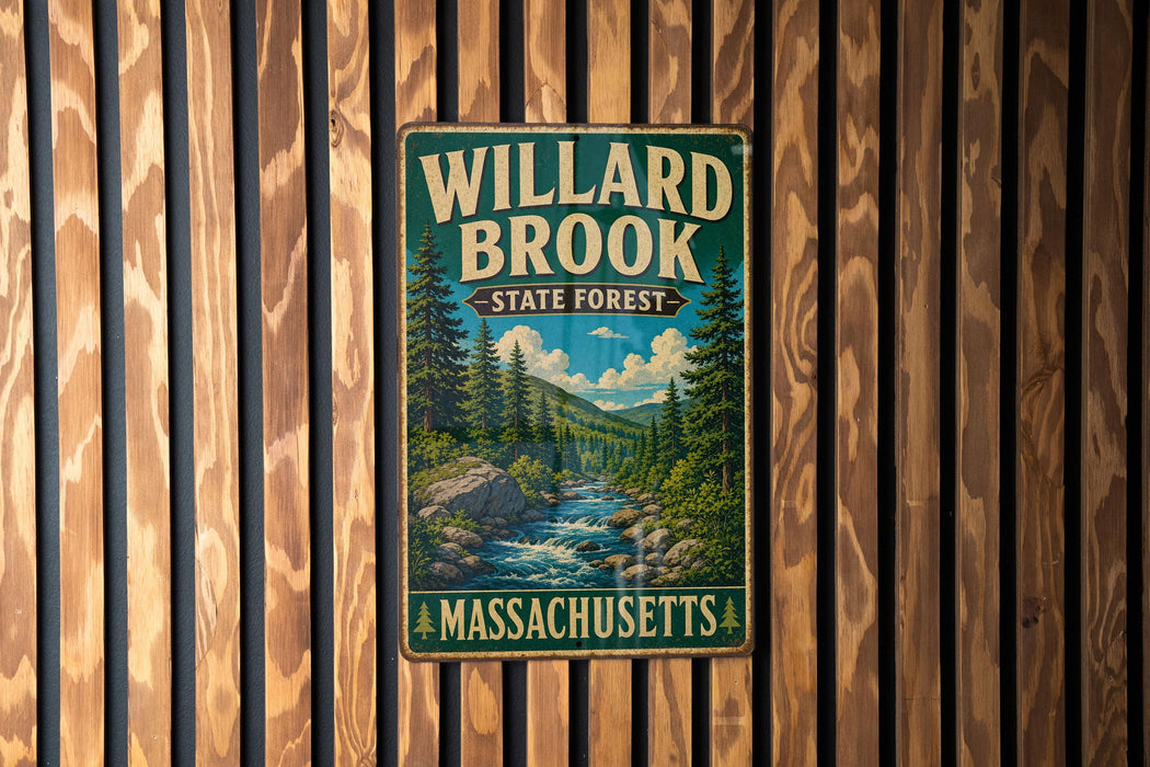 A vintage metal sign for Willard Brook State Forest in Massachusetts, featuring a scenic illustration of a forest and a river.