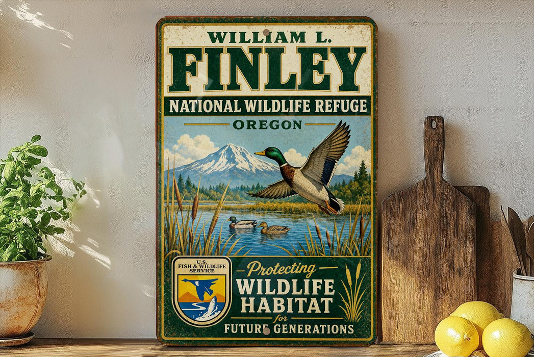 A vintage-style sign for the National Wildlife Refuge in Oregon, featuring a duck in flight over a lake and mountains in the background.