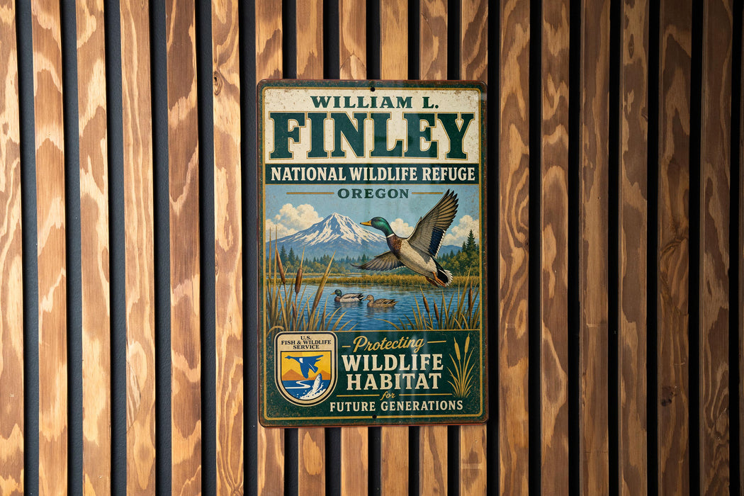 A metal sign with text and an illustration of a bird in flight, mounted on a wooden wall.