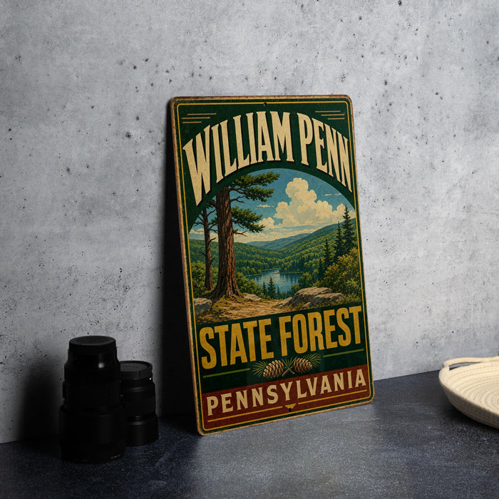 A vintage-style sign for William Penn State Forest in Pennsylvania, featuring a scenic landscape with pine trees and a lake.