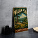 A vintage-style sign for William Penn State Forest in Pennsylvania, featuring a scenic landscape with pine trees and a lake.