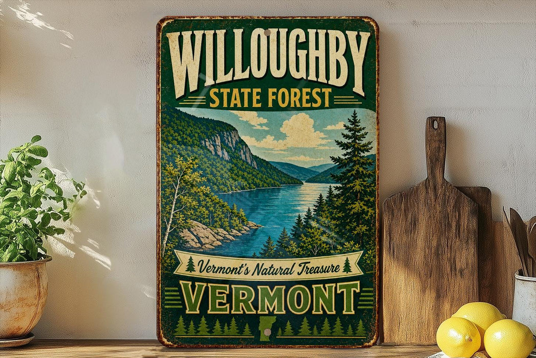 A vintage-style metal sign for Willoughby State Forest in Vermont, featuring a scenic mountain landscape with a lake and pine trees.