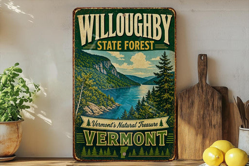 A vintage-style metal sign for Willoughby State Forest in Vermont, featuring a scenic mountain landscape with a lake and pine trees.