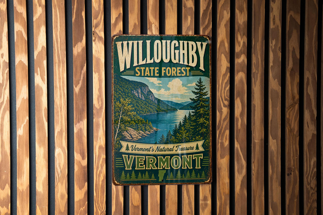A vintage metal sign for Willoughby State Forest in Vermont, featuring a scenic landscape with mountains, a lake, and pine trees.